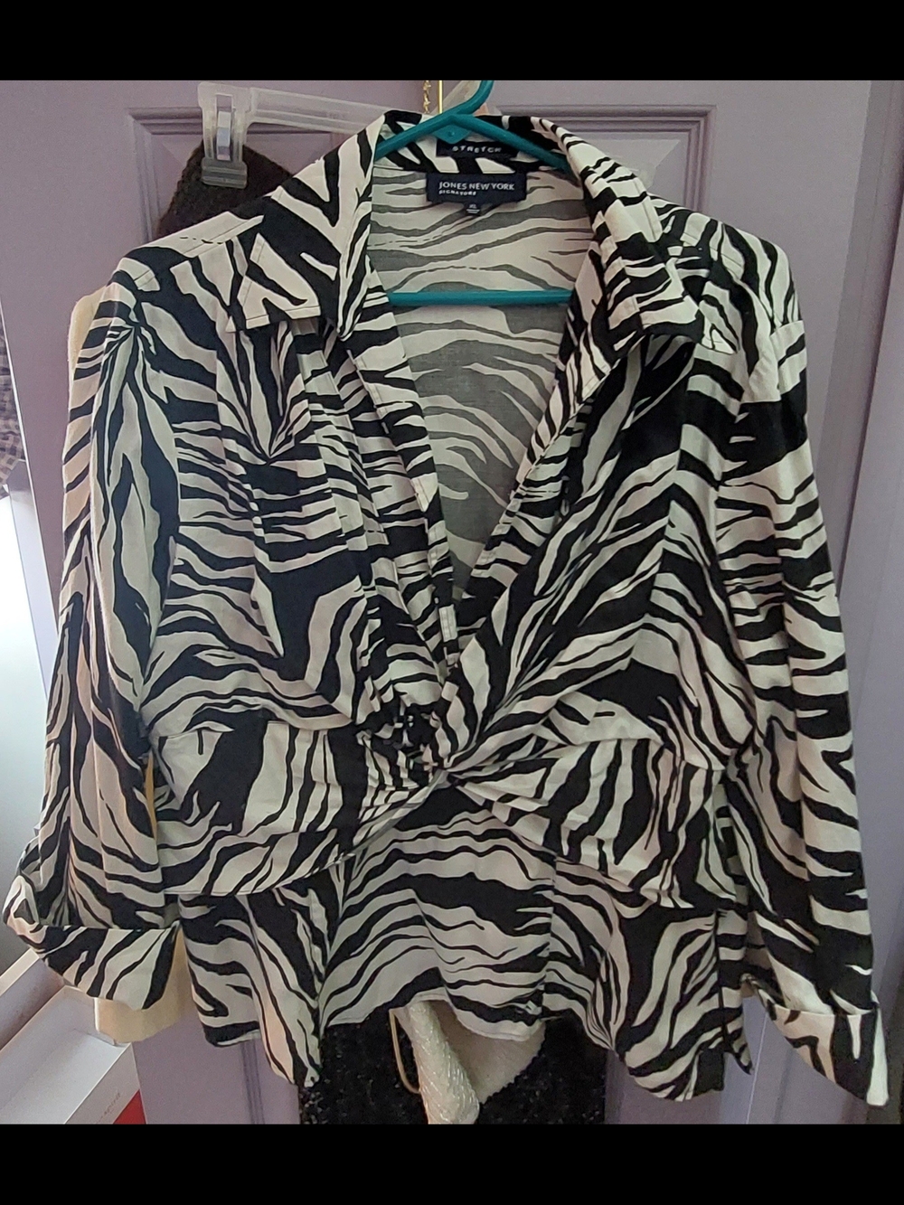 Jones New York Black and White Zebra-Print Wrap Blouse